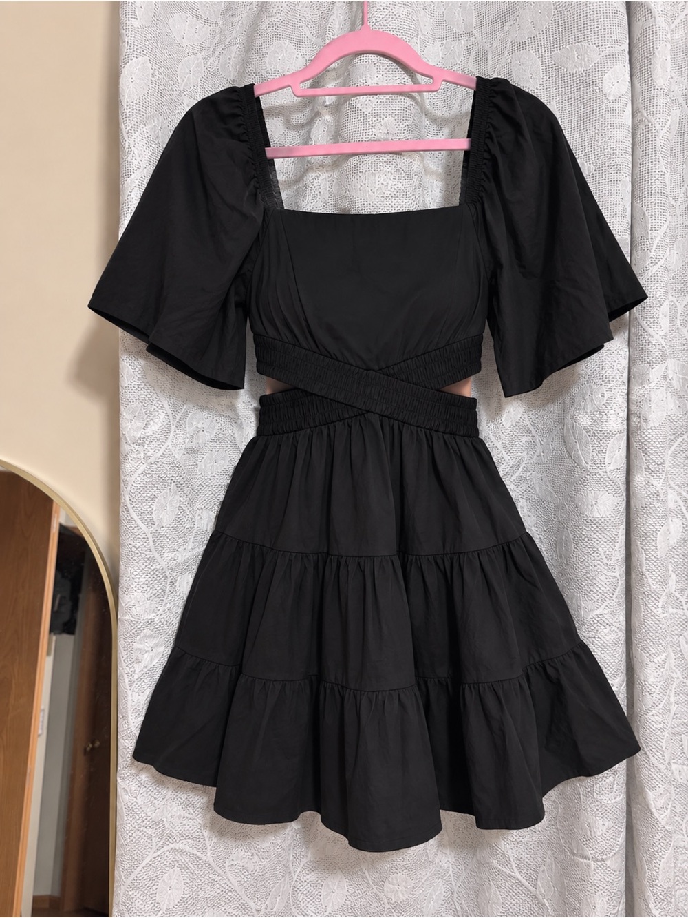 Black Tiered Cutout Mini Dress with Puff Sleeves